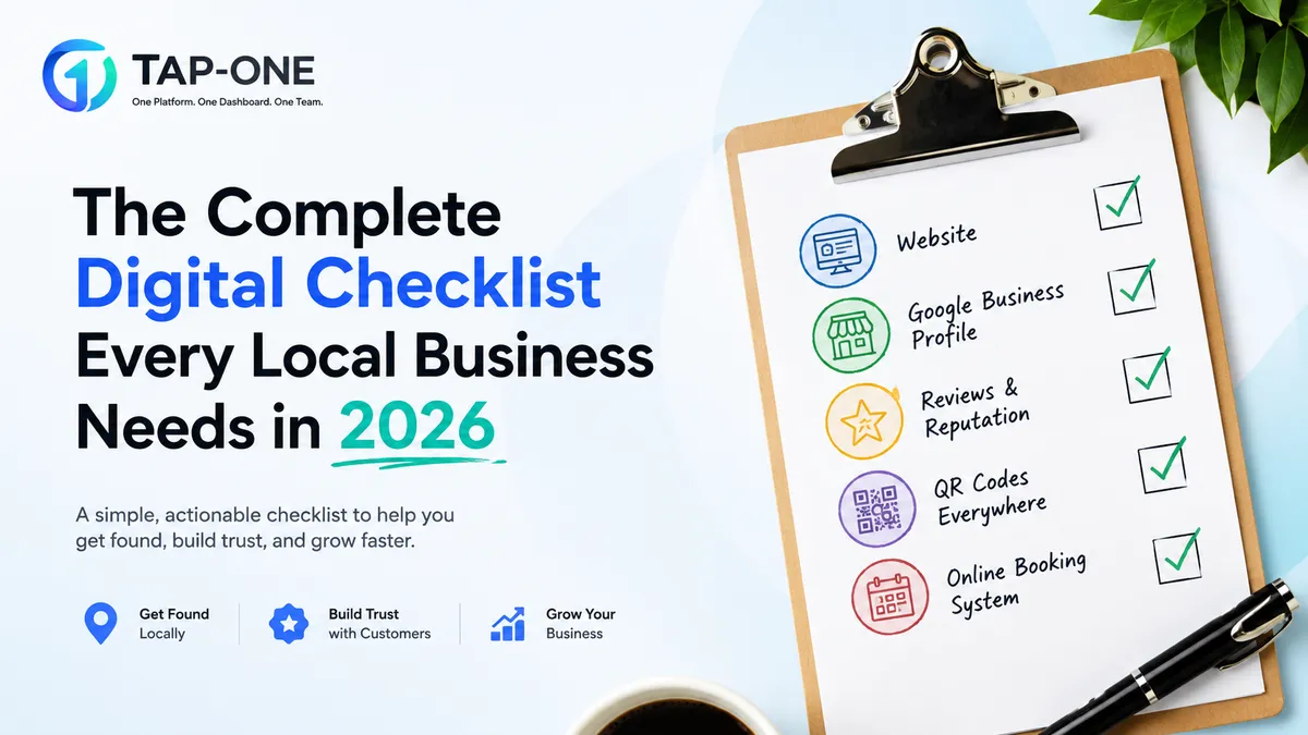 Checklist graphic showing website, Google Business Profile, reviews, QR codes, and booking system icons