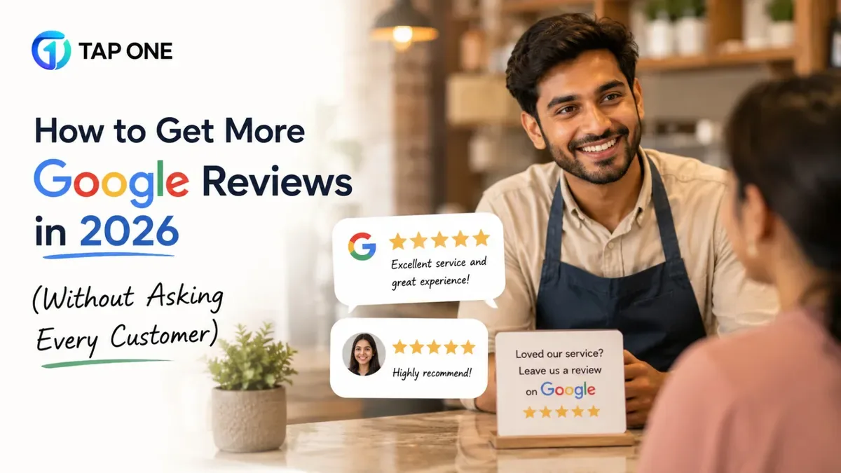 Customer tapping an NFC card to leave a Google review at a restaurant counter in India