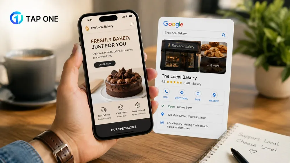 Mobile phone showing a fast-loading local business website next to its Google Business Profile