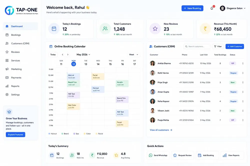 Dashboard showing an online booking calendar and CRM customer list for a local business