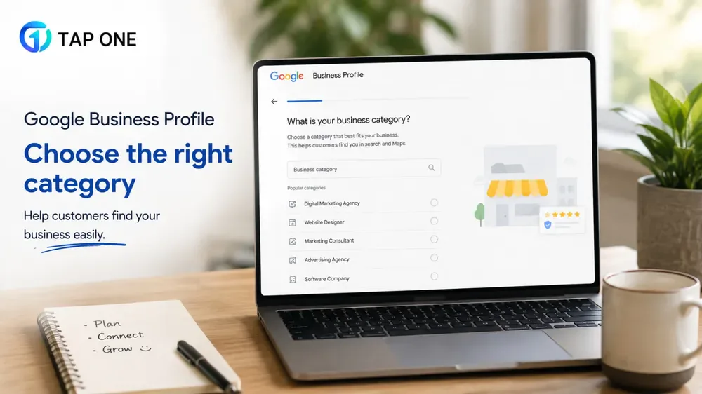 Screenshot-style graphic showing the Google Business Profile category selection screen