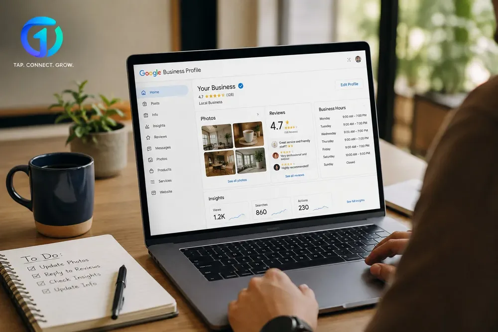 Google Business Profile dashboard showing photos, reviews, and business hours