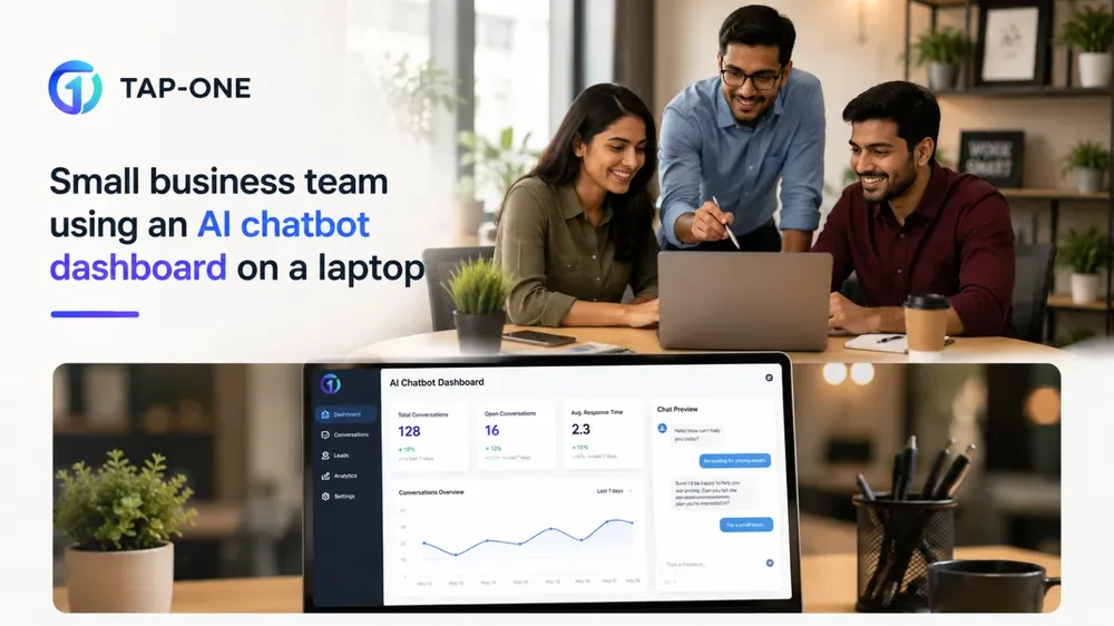 Small business team using an AI chatbot dashboard on a laptop