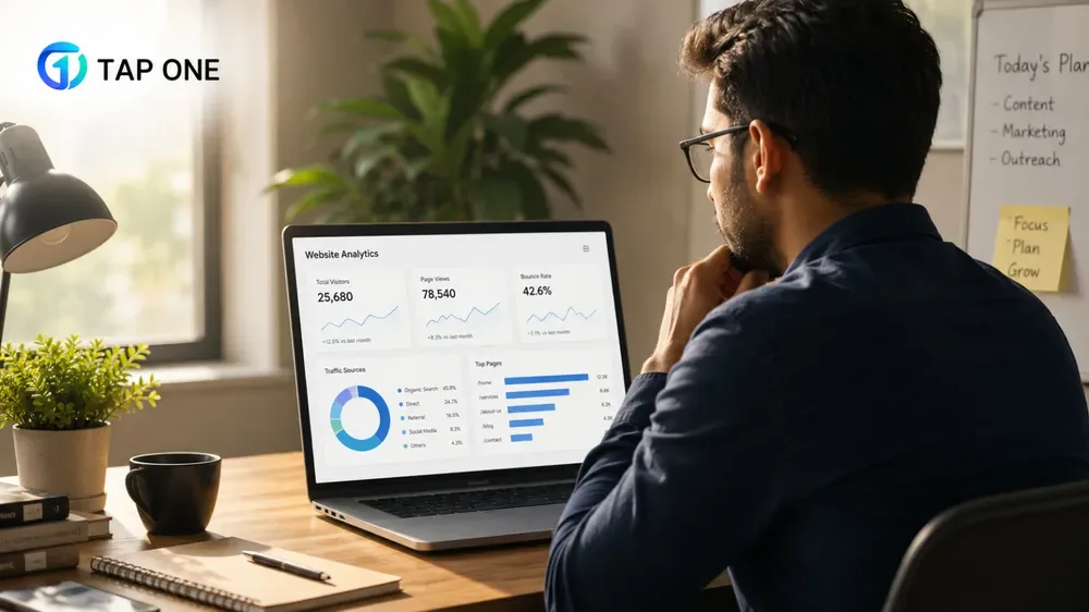 Business owner reviewing website analytics and traffic sources on a dashboard
