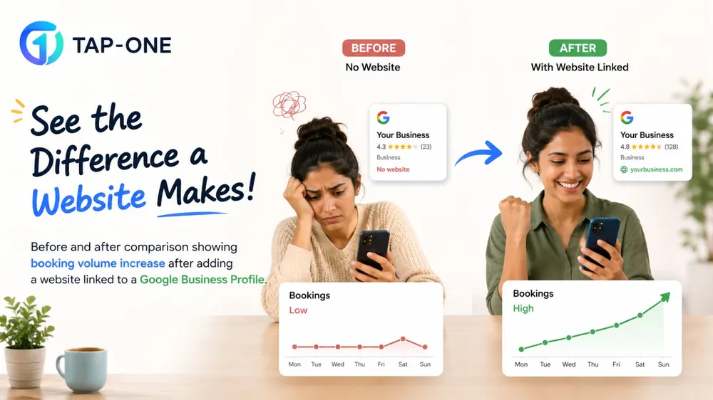Before and after comparison showing booking volume increase after adding a website linked to a Google Business Profile