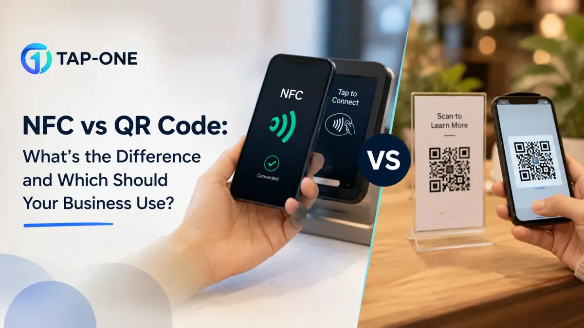 NFC tap card next to a printed QR code stand, illustrating the two technologies side by side