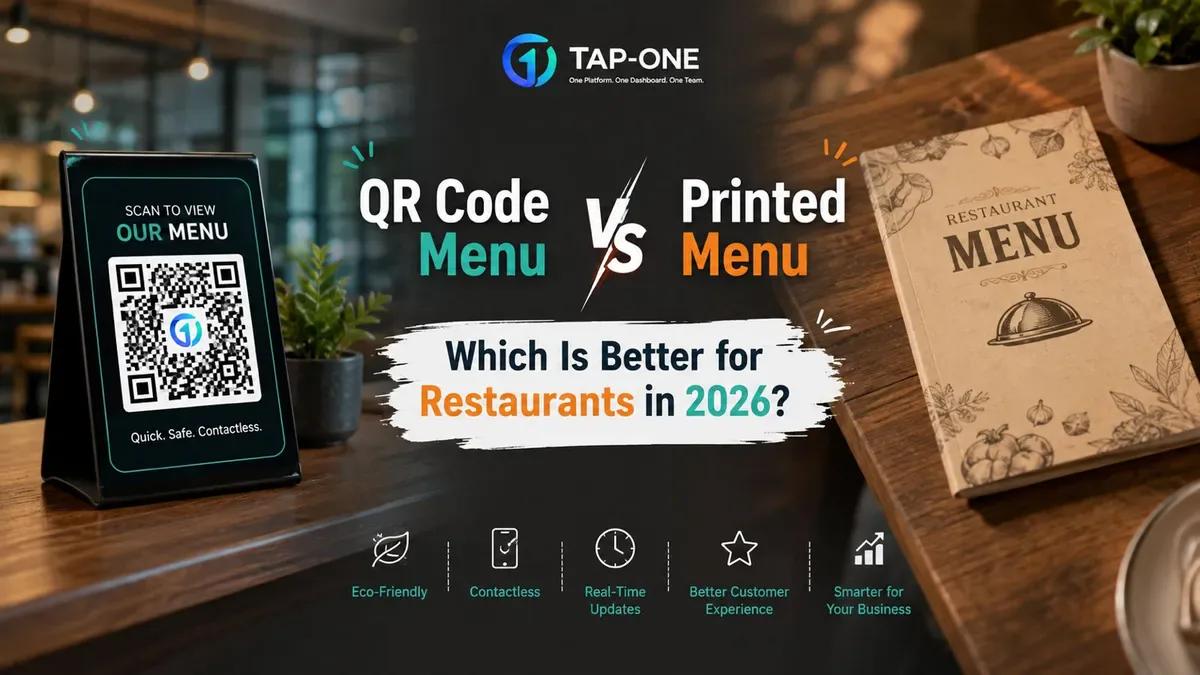 Side-by-side comparison of a QR code digital menu on a phone and a printed restaurant menu