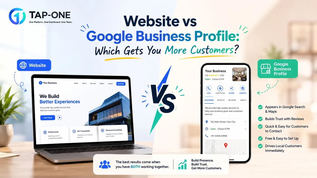 Split-screen comparison of a Google Business Profile listing and a custom business website on a laptop