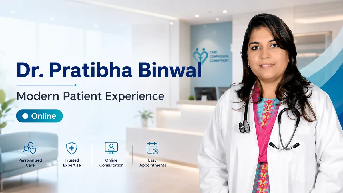 Dr. Pratibha Binwal in her clinic, alongside the new website homepage built for her patient-focused practice