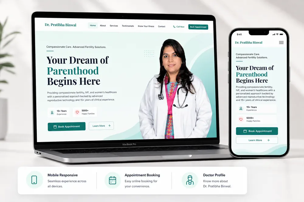 Dr. Pratibha Binwal’s new website shown on a laptop and phone, with a booking button and patient-friendly homepage layout
