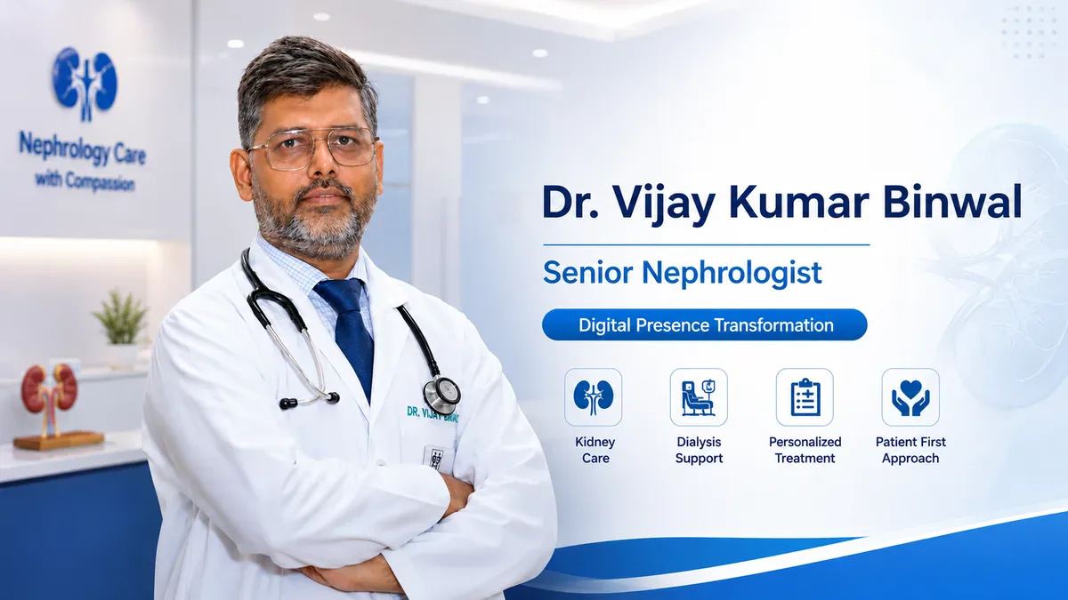 Dr. Vijay Kumar Binwal, Senior Nephrologist in Jaipur, standing in his clinic beside his new digital presence branding