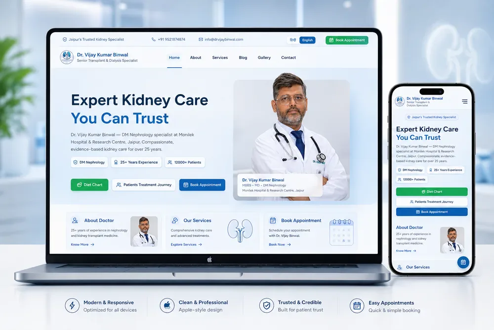 Dr. Vijay Kumar Binwal in his clinic, showing the nephrology practice behind the new digital presence