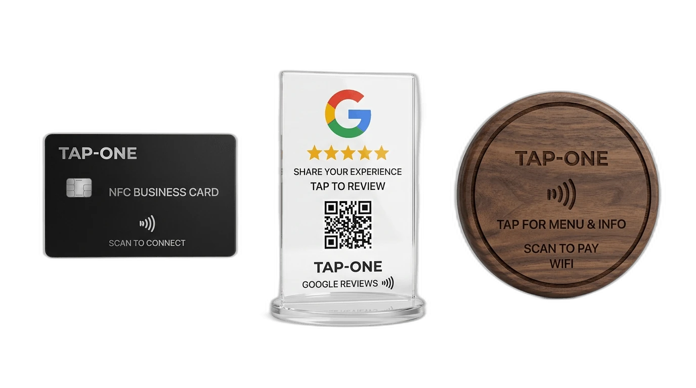 TAP-ONE NFC Cards, Review Stand, and Table Tag Showcase
